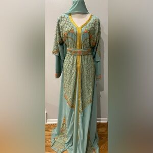 Blue & Gold fully beaded chiffon maxi kaftan with scarf size medium new